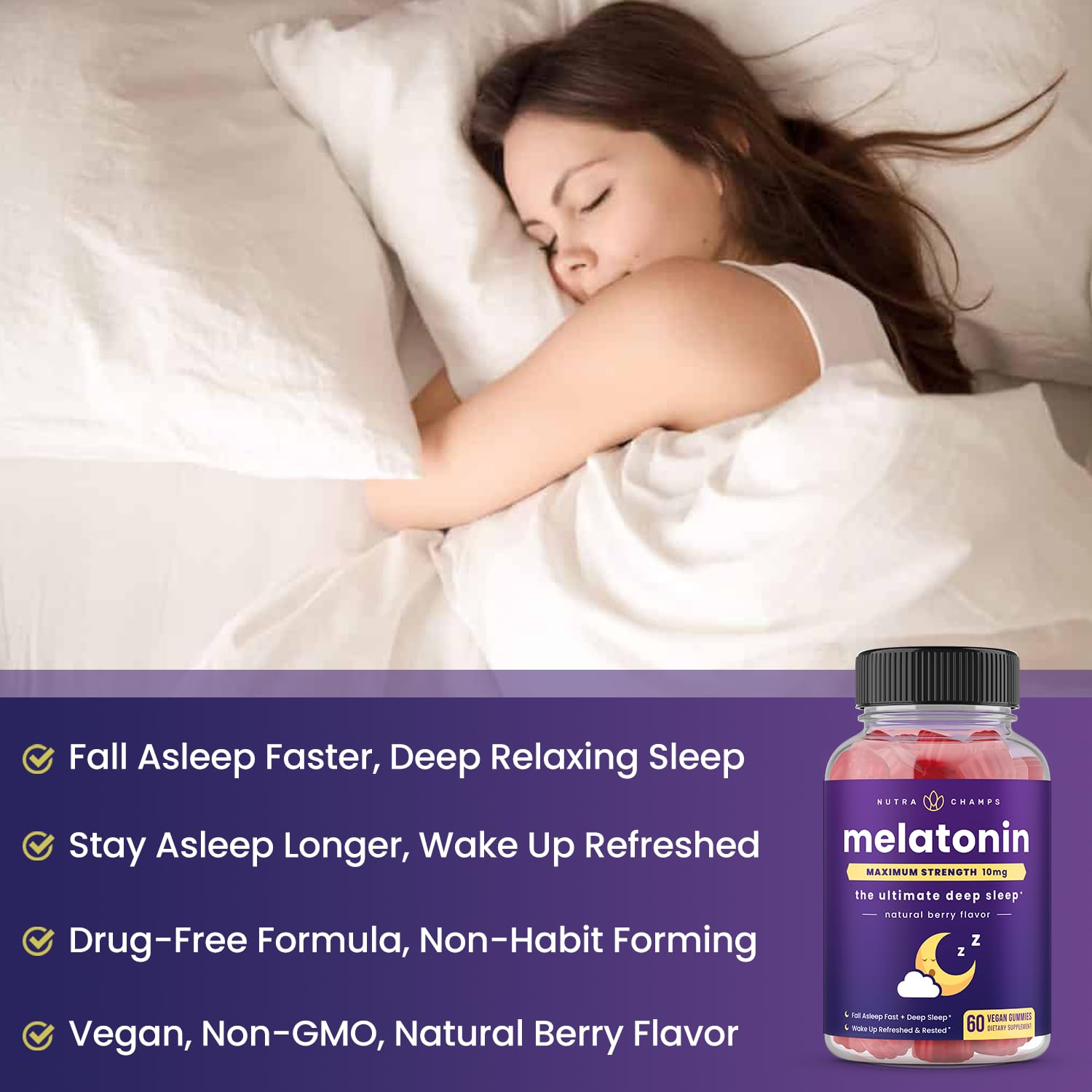 Uso nocturno con NutraChamps, gomitas de melatonina para despertar renovado.