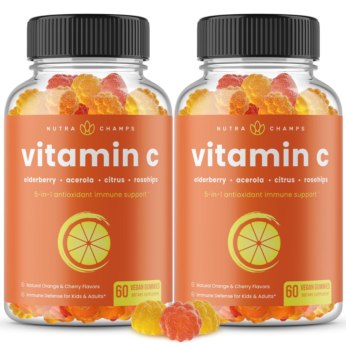 NutraChamps gomitas vitamina C, frasco frente, apoyo inmunológico práctico para diario.