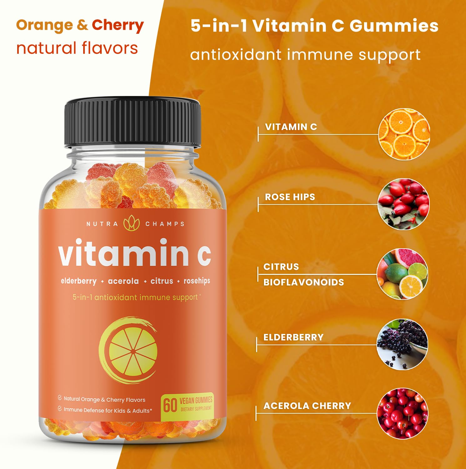 NutraChamps gomitas vitamina C, sabor cereza, snack sabroso con beneficios antioxidantes.