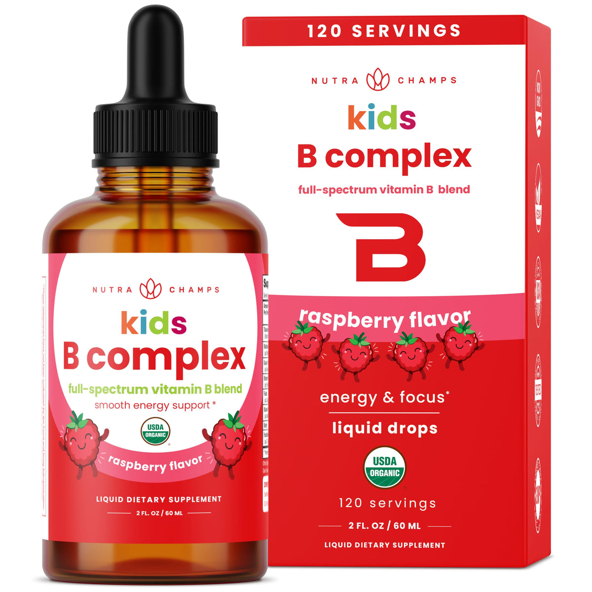 NutraChamps Kids B Complex: botella de gotas para energía diaria en niños.