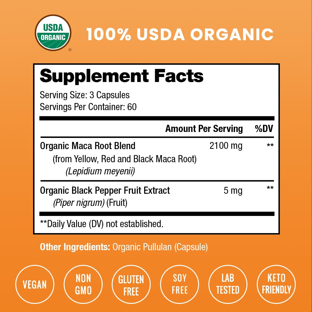 NutraChamps Maca Orgánica: cápsulas en primer plano para energía diaria