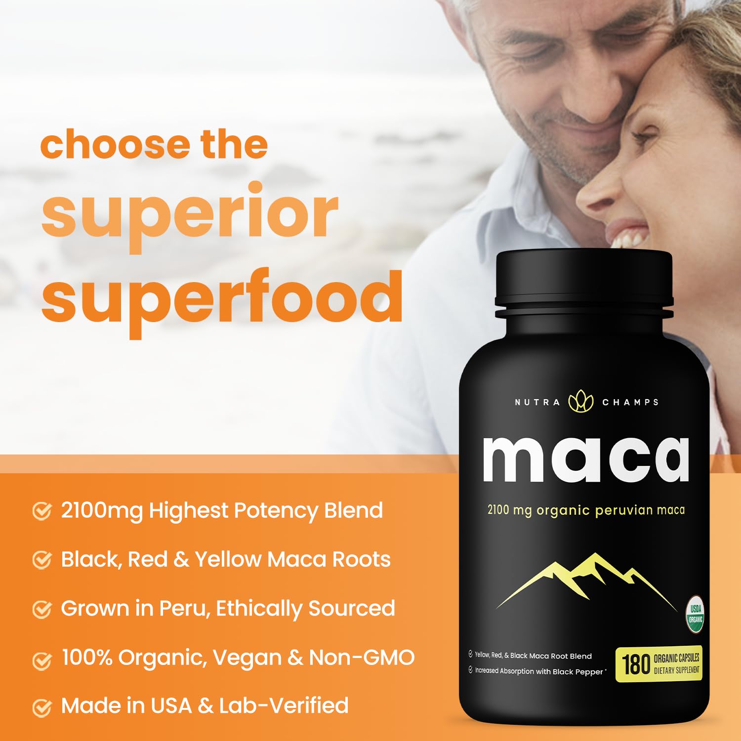 NutraChamps Maca Orgánica polvo en cuchara para batidos y textura suave
