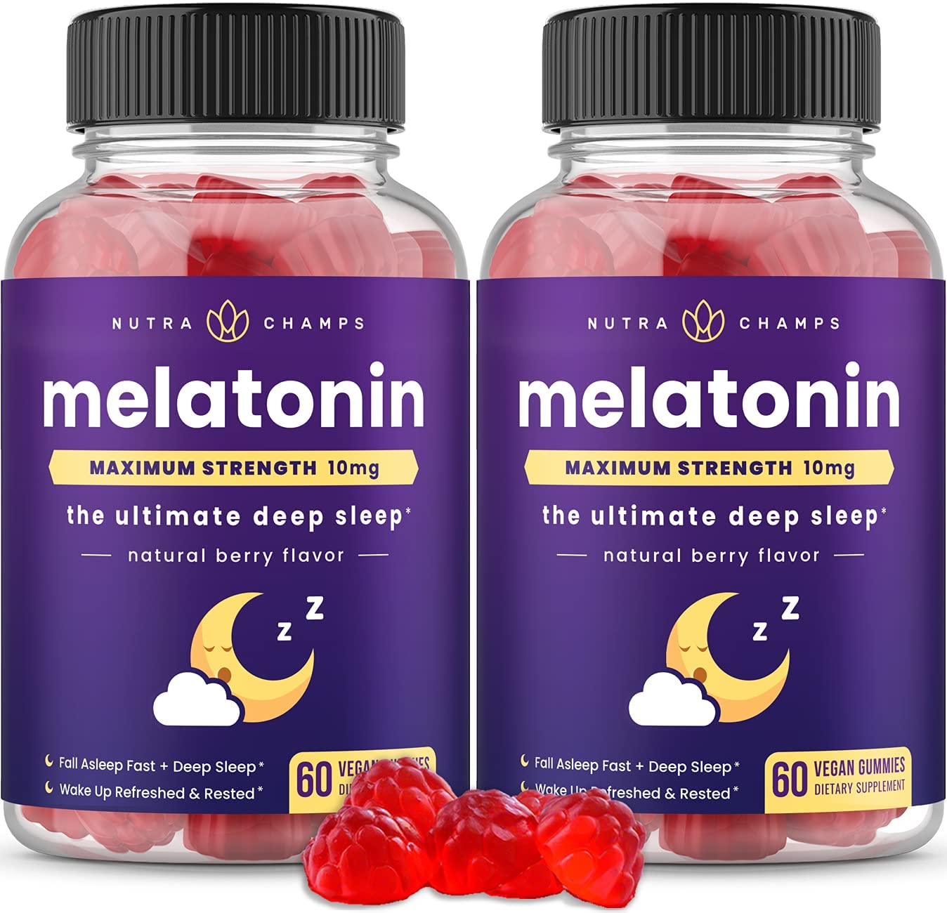 Envase de NutraChamps Melatonina Gummies para dormir mejor y más tranquilo.