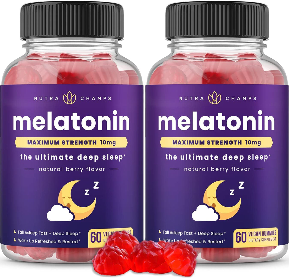 Envase de NutraChamps Melatonina Gummies para dormir mejor y más tranquilo.