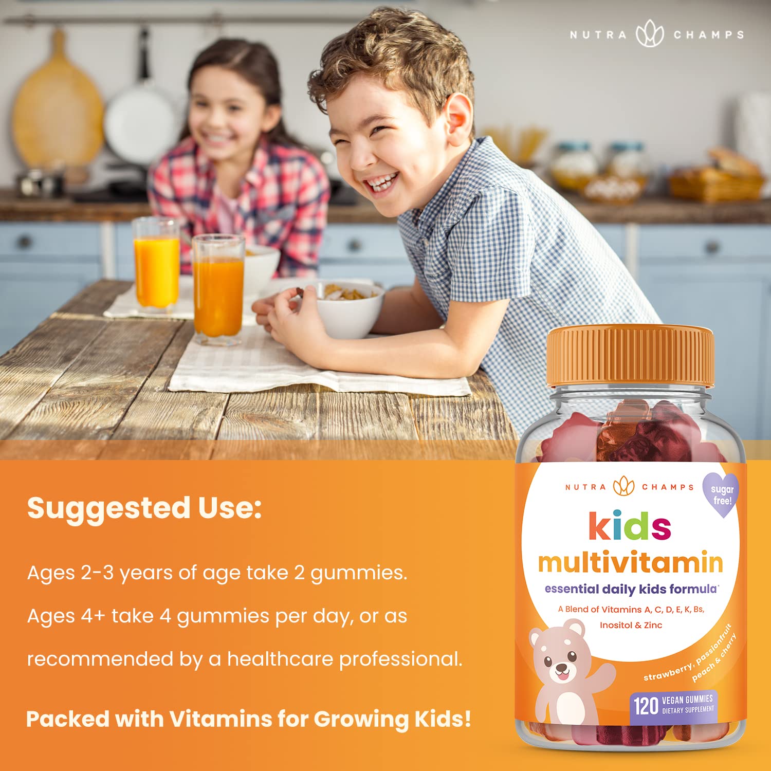 NutraChamps gomitas multivitaminas sabor durazno para crecimiento saludable