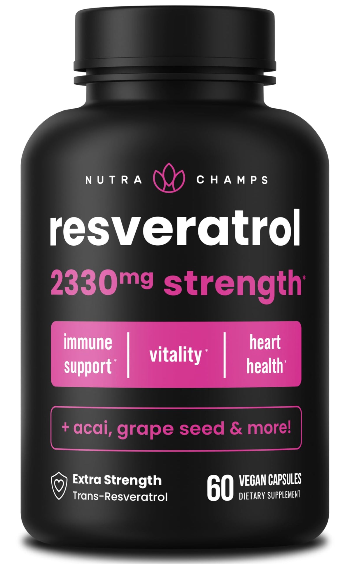 NutraChamps Resveratrol cápsulas frente, ideal para apoyo antioxidante diario.