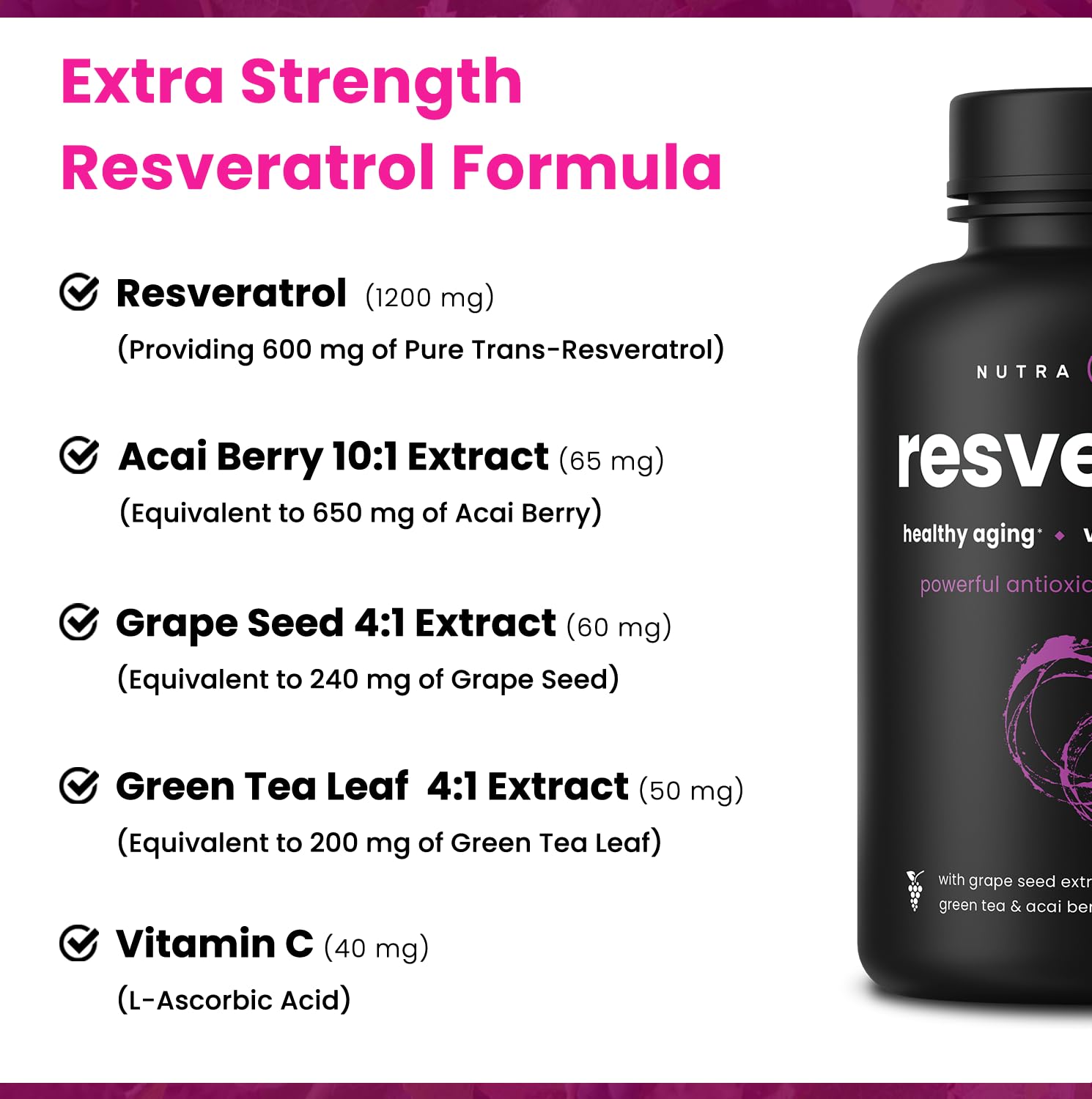 NutraChamps Resveratrol etiqueta detalles, muestra dosis y calidad.
