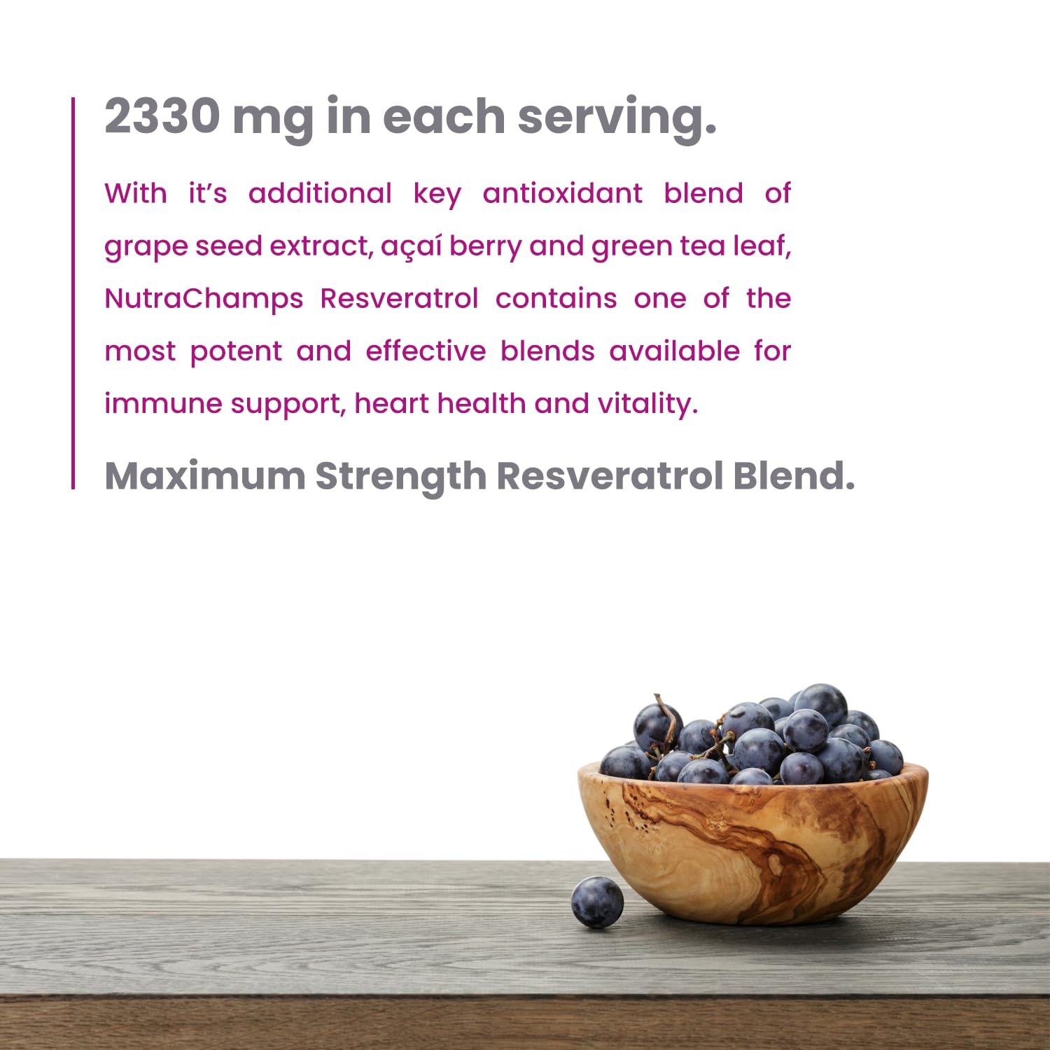 NutraChamps Resveratrol ingredientes clave, trans-resveratrol y vitamina C.