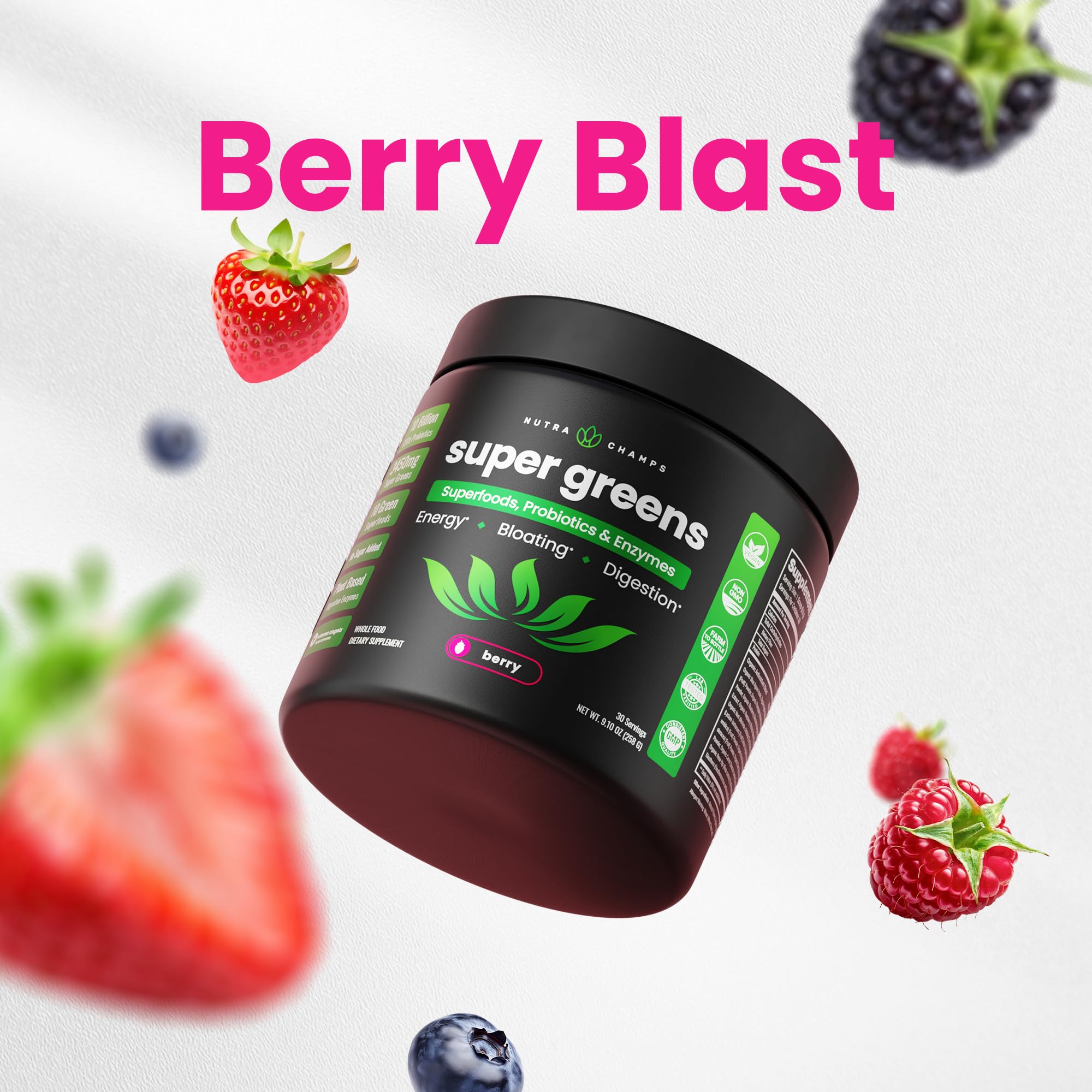 NutraChamps Super Greens bote con dosificador, preparación rápida sin complicaciones