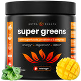 NutraChamps Super Greens: botella frontal para energía diaria.