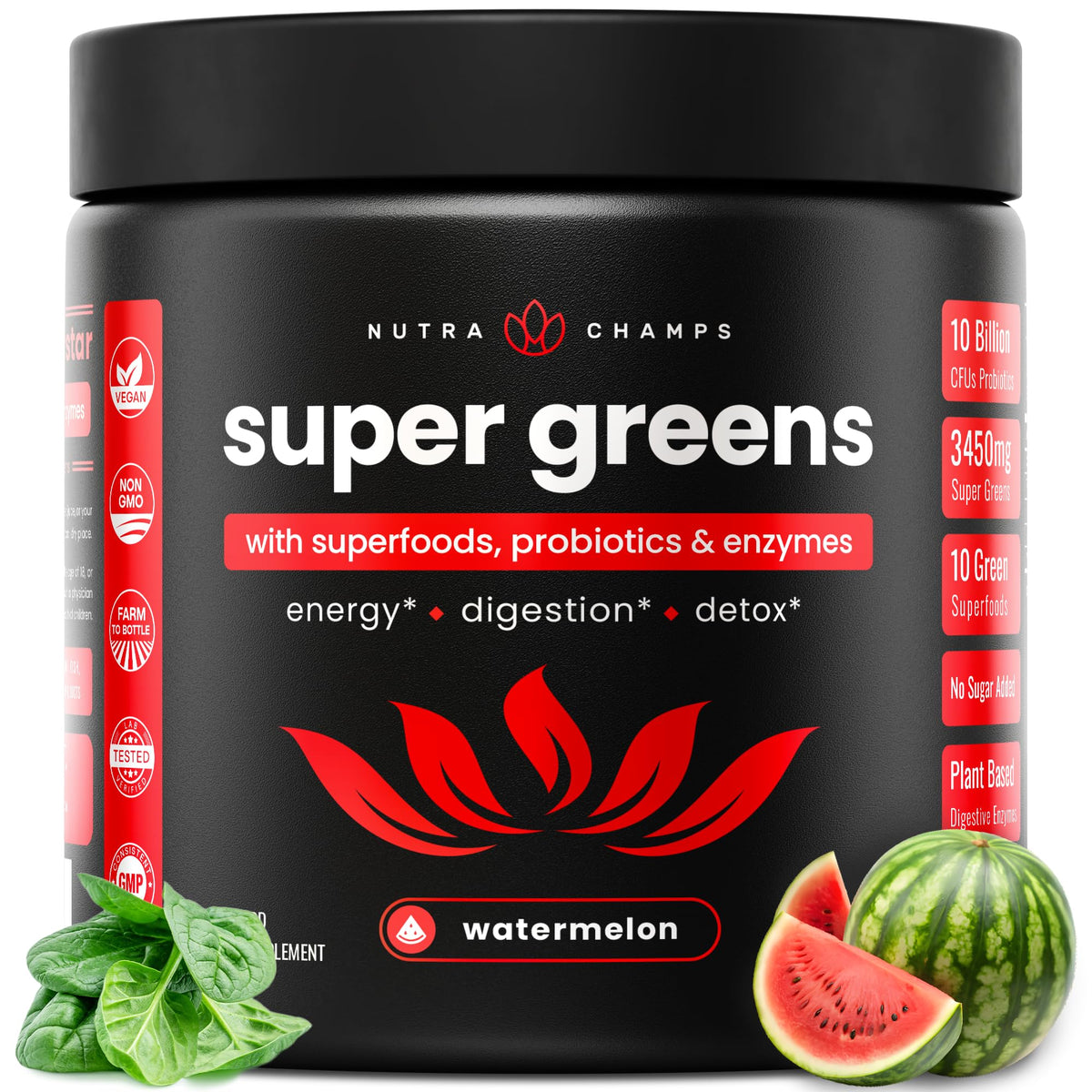 NutraChamps Super Greens, botella cercana, ideal para energía diaria y antioxidantes.