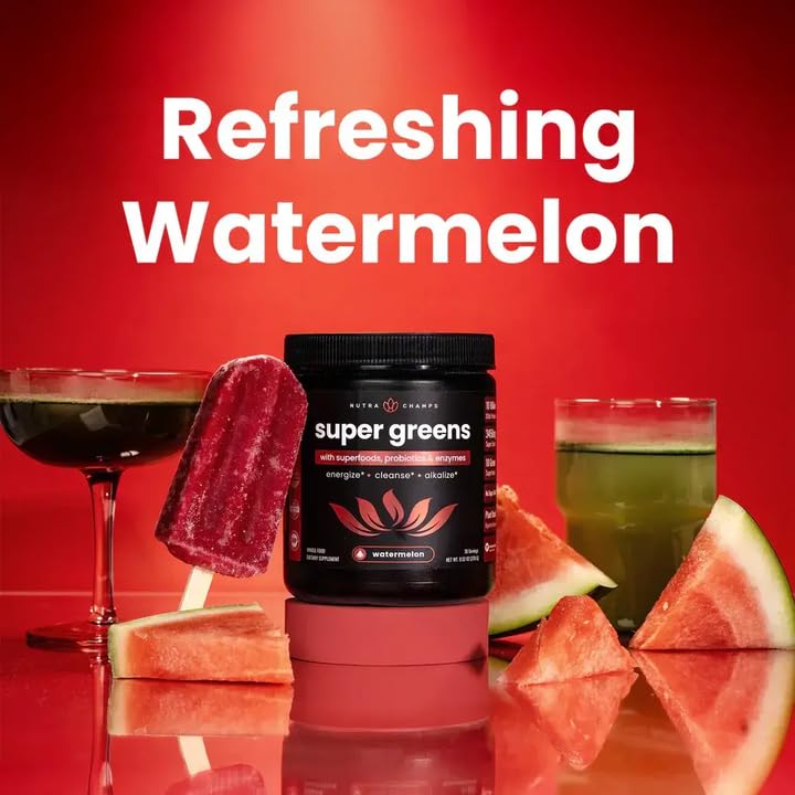 NutraChamps Super Greens, cucharilla medidora lista para una porción rápida.