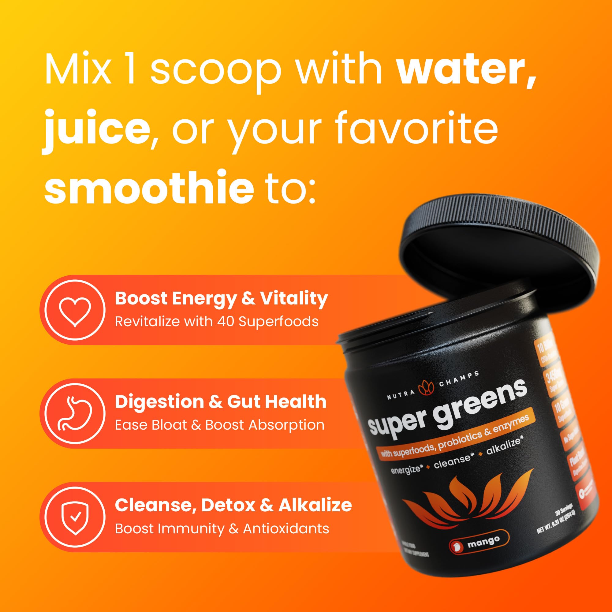 NutraChamps Super Greens: envase con 40+ nutrientes para energía limpia.