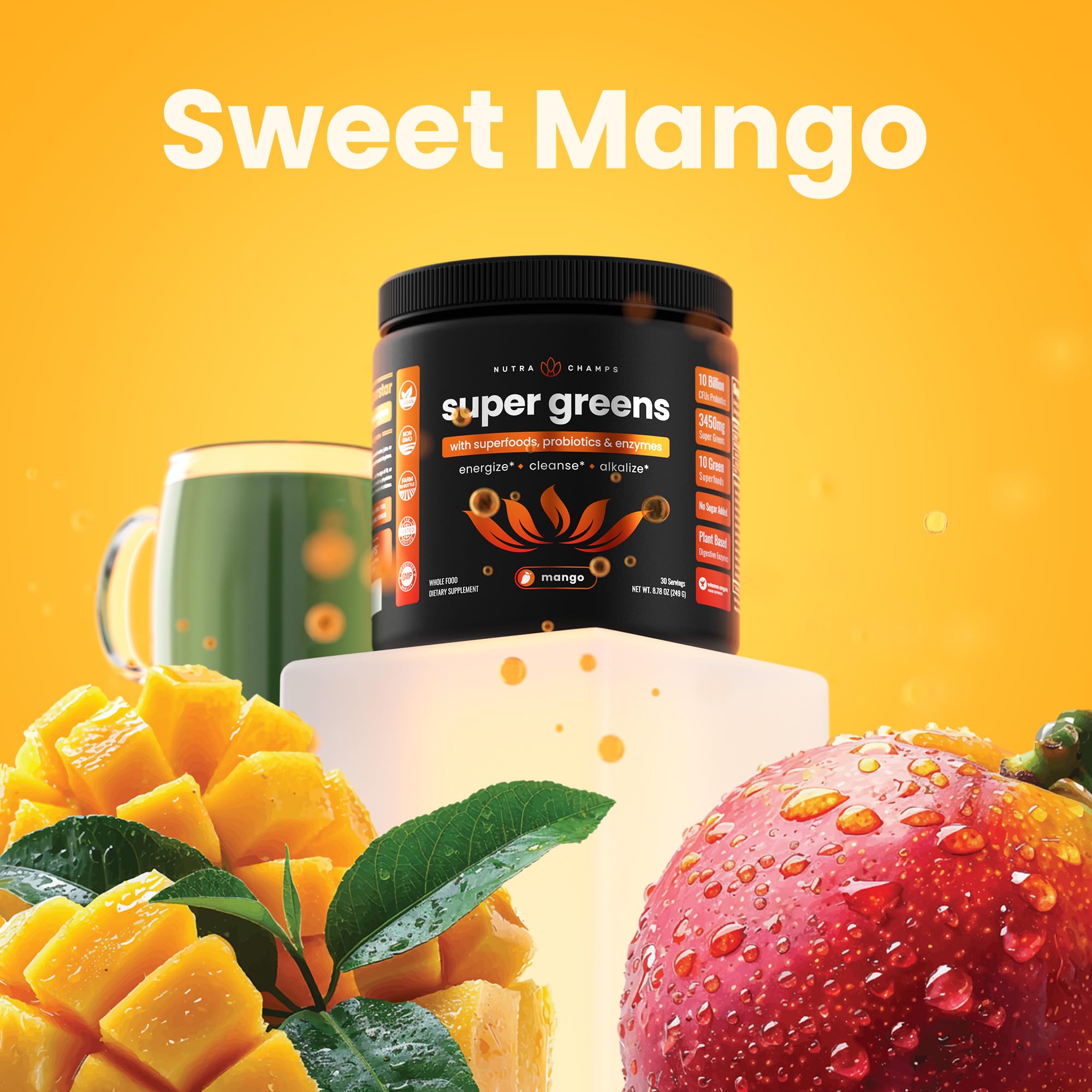 NutraChamps Super Greens, etiqueta: ingredientes orgánicos y antioxidantes visibles.