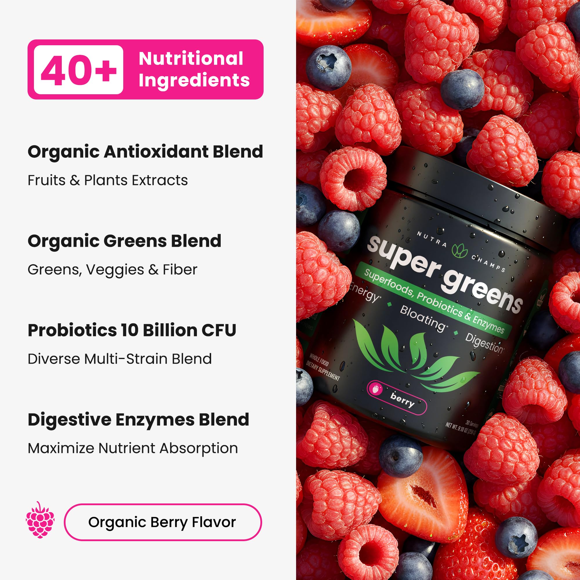 NutraChamps Super Greens mezcla de frutas y verduras, sabor equilibrado para batidos
