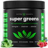 NutraChamps Super Greens polvo verde en vaso, energía natural para empezar el día