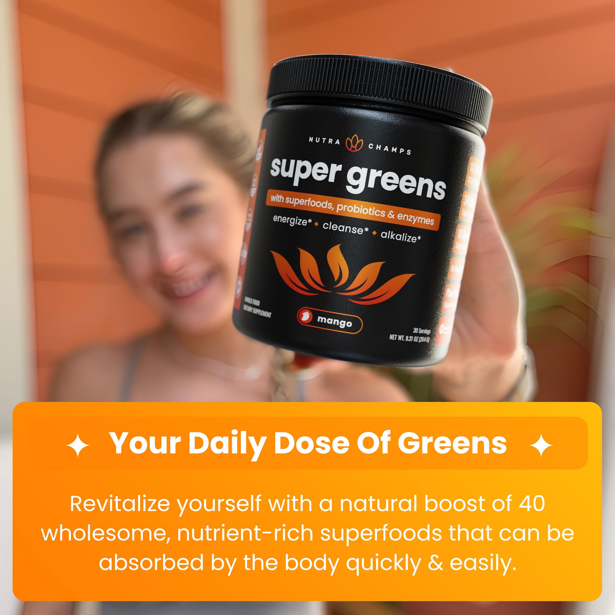 NutraChamps Super Greens mezcla al batido: preparación rápida y sabor agradable.