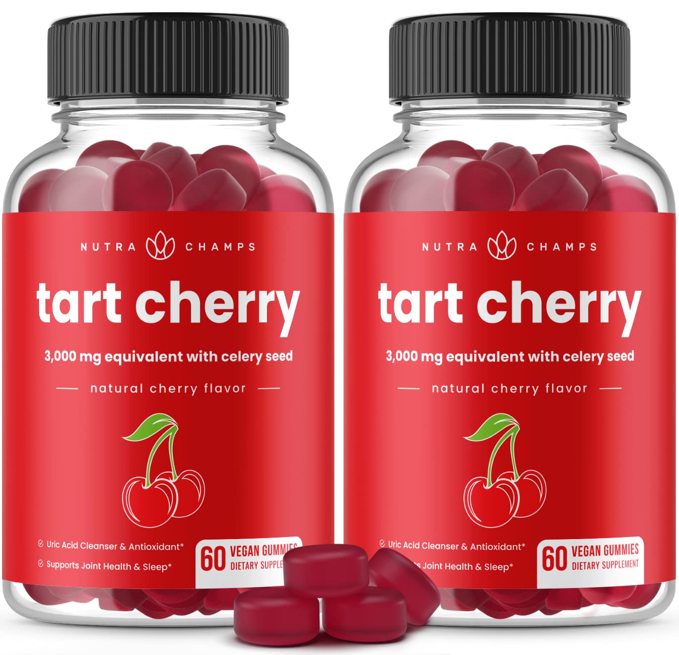 NutraChamps Tart Cherry Gummies, botella visible, apoyo a la movilidad y al sueño.