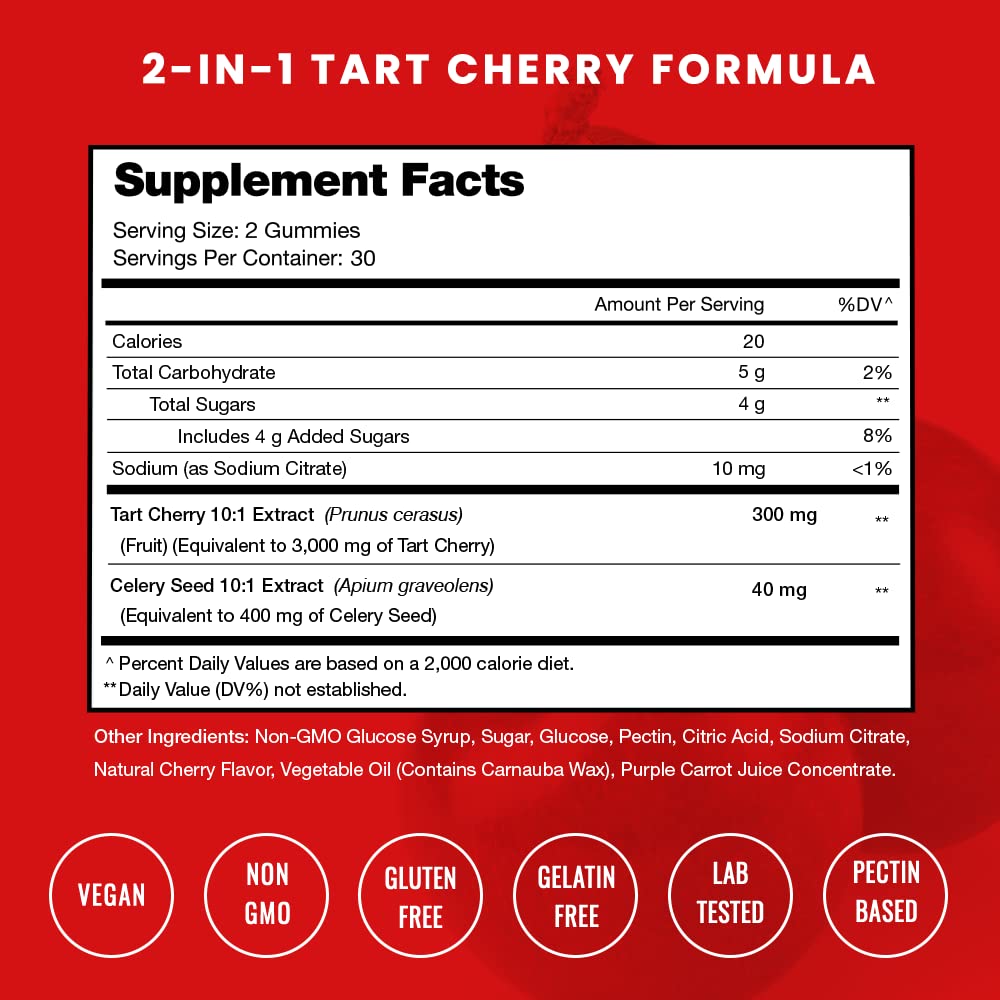 NutraChamps Tart Cherry Gummies, etiqueta frontal visible, sabor a cereza natural para snack saludable.