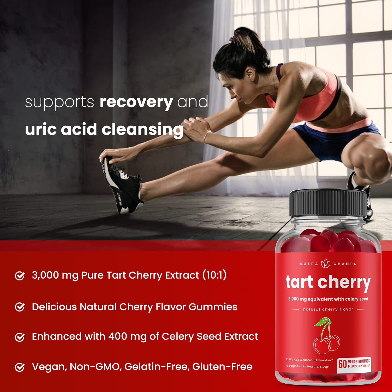 NutraChamps Tart Cherry Gummies, manos sosteniendo gominolas, snack práctico para tus días.