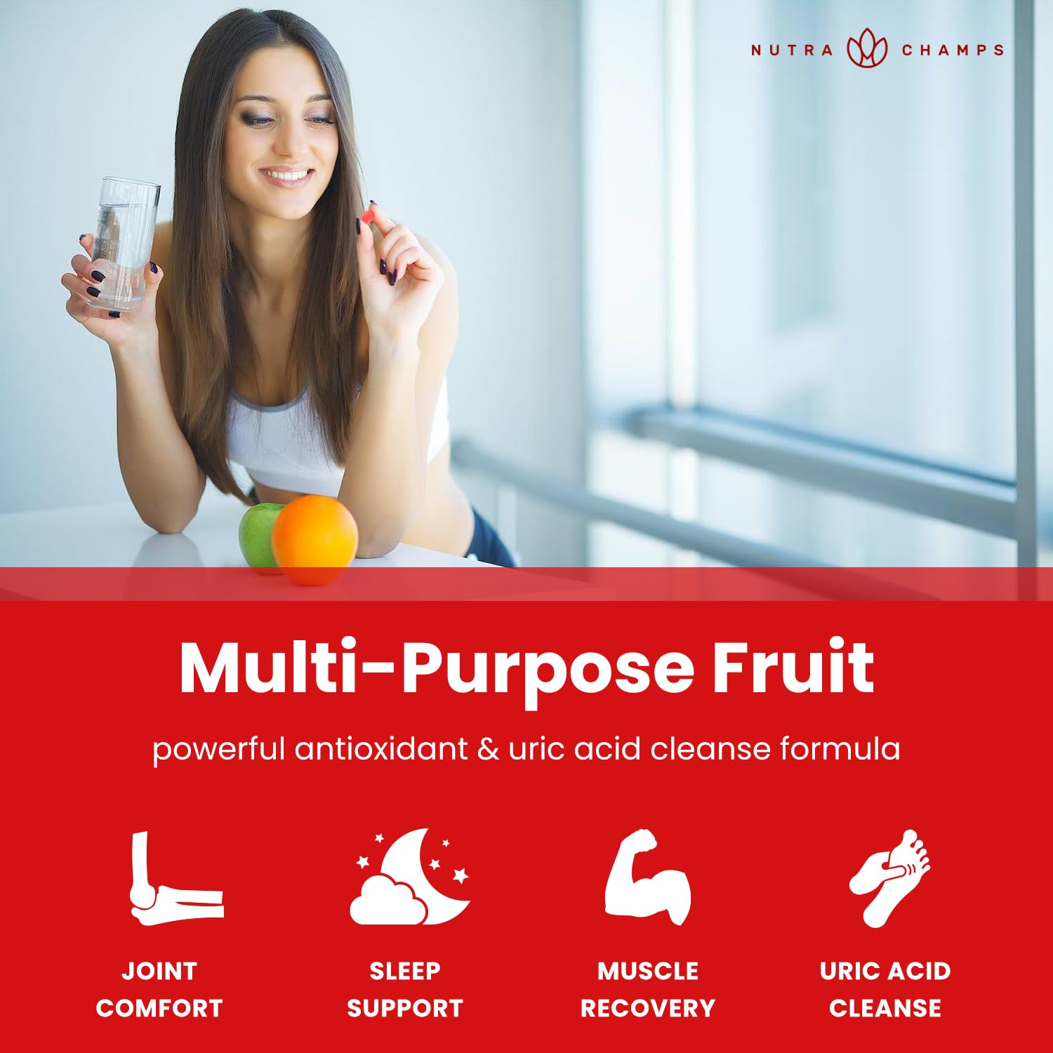 NutraChamps Tart Cherry Gummies, uso diario fácil, ideal para adultos y niños.