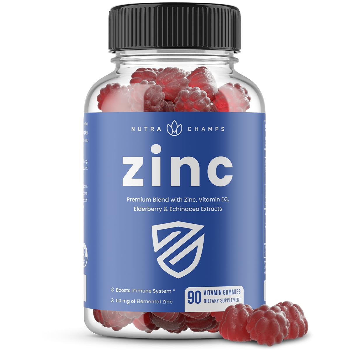 NutraChamps Zinc Gummies en envase, conveniente dosis diaria para apoyar defensas.