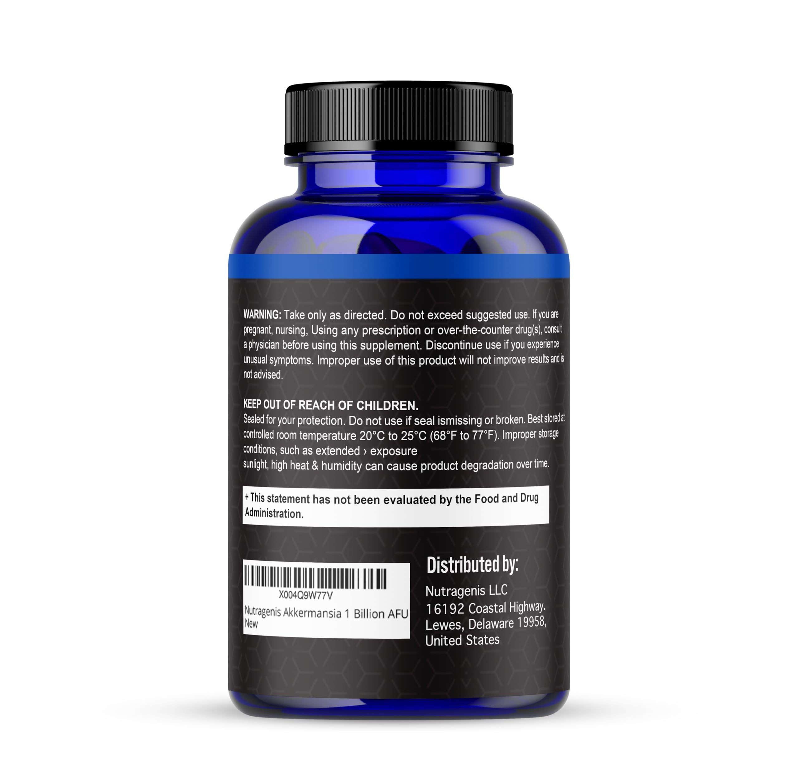Nutragenis Akkermansia caja de empaque transmite calidad y pureza.