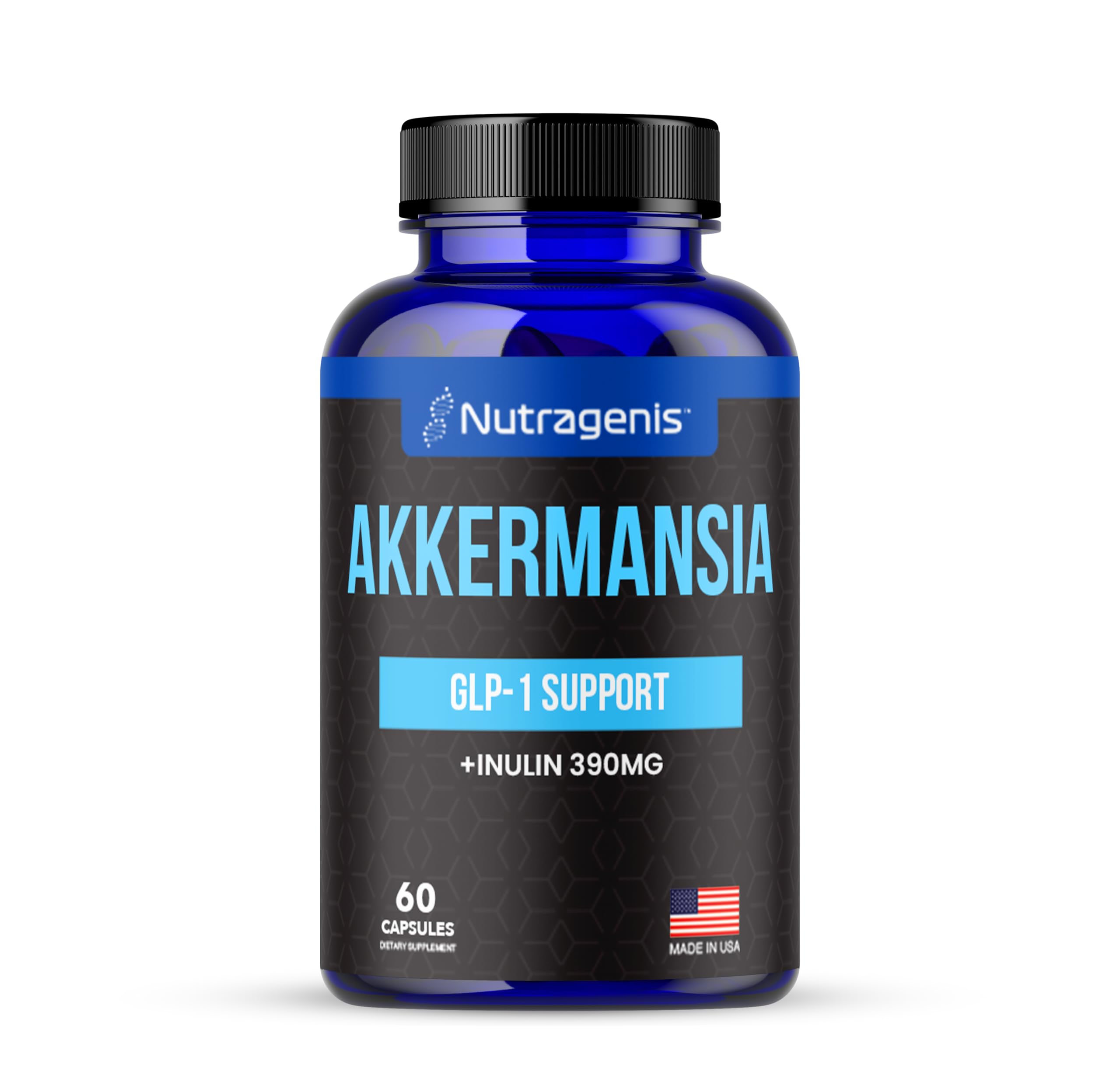 Nutragenis Akkermansia cápsulas en botella para soporte digestivo diario.