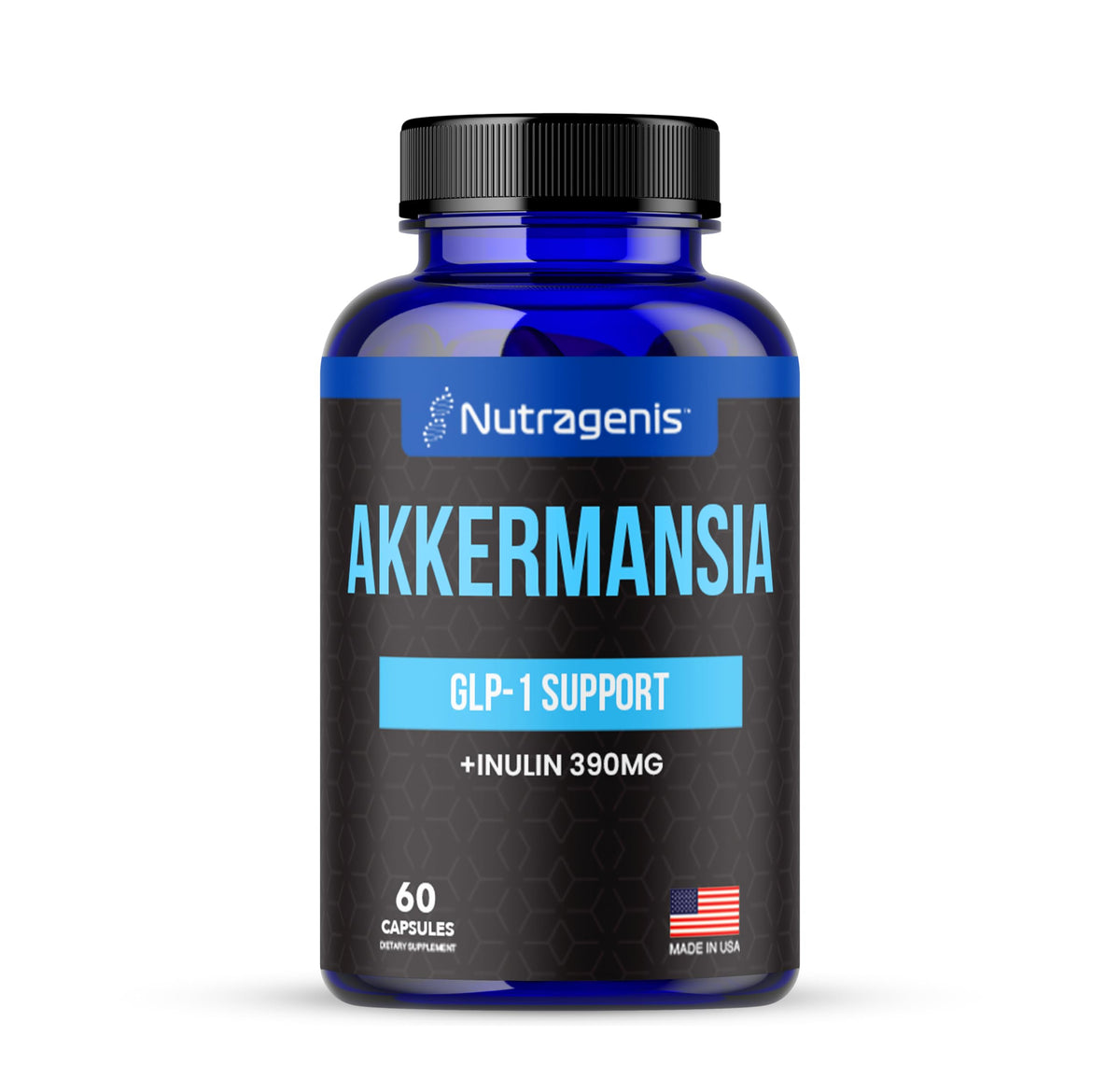 Nutragenis Akkermansia cápsulas en botella para soporte digestivo diario.