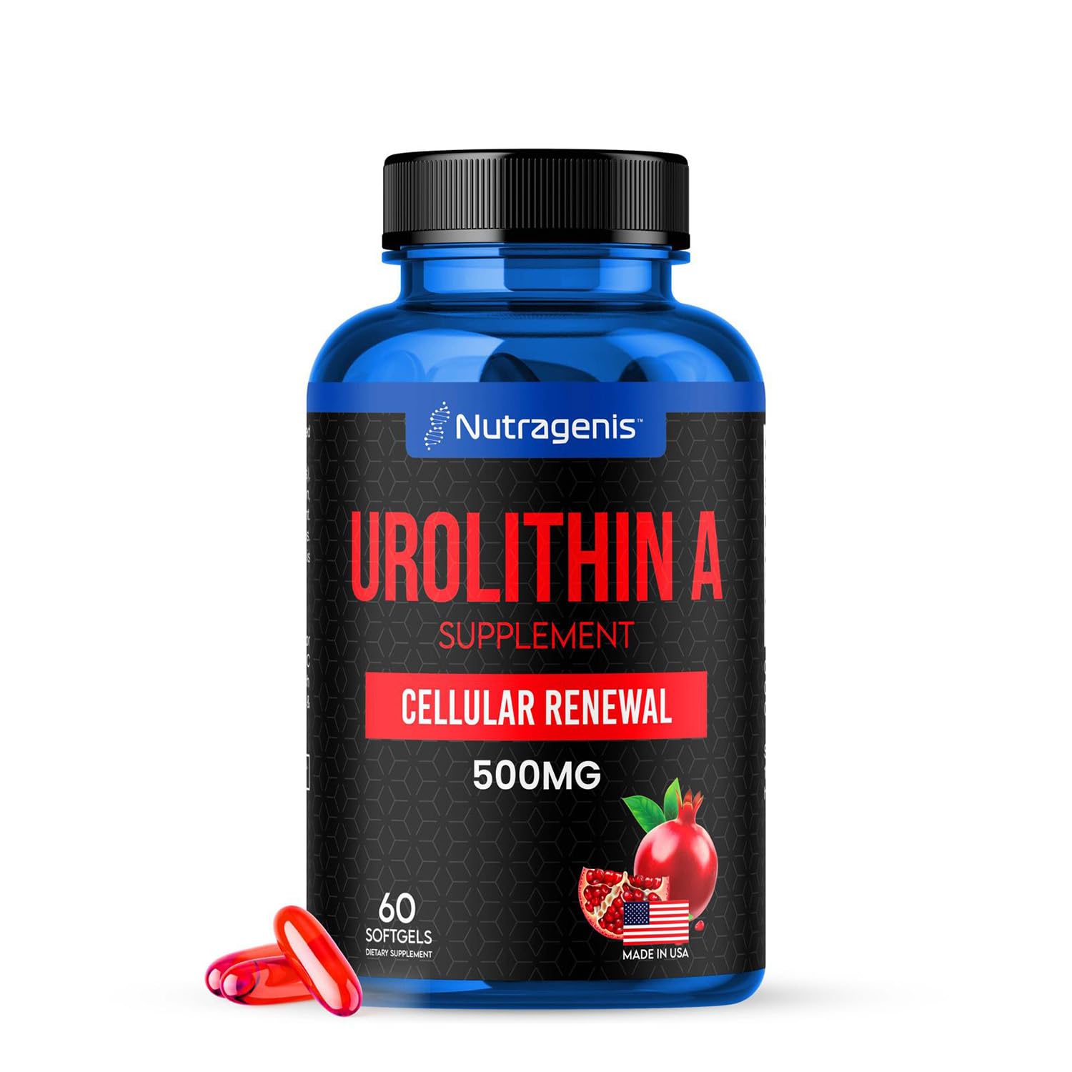 Nutragenis Urolitina A cápsulas blandas en botella para vitalidad diaria.