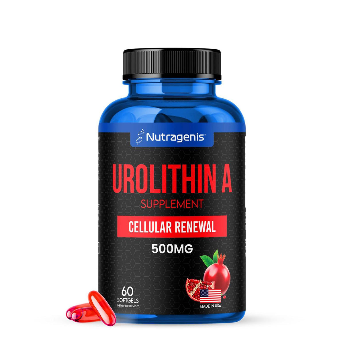 Nutragenis Urolitina A cápsulas blandas en botella para vitalidad diaria.