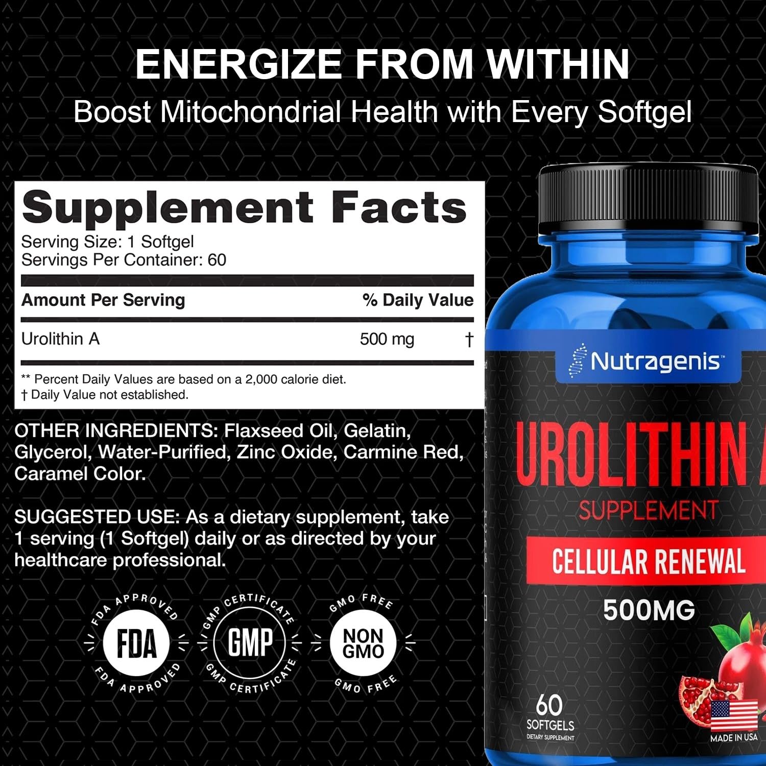 Frasco de Nutragenis Urolitina A sobre una mesa clara.