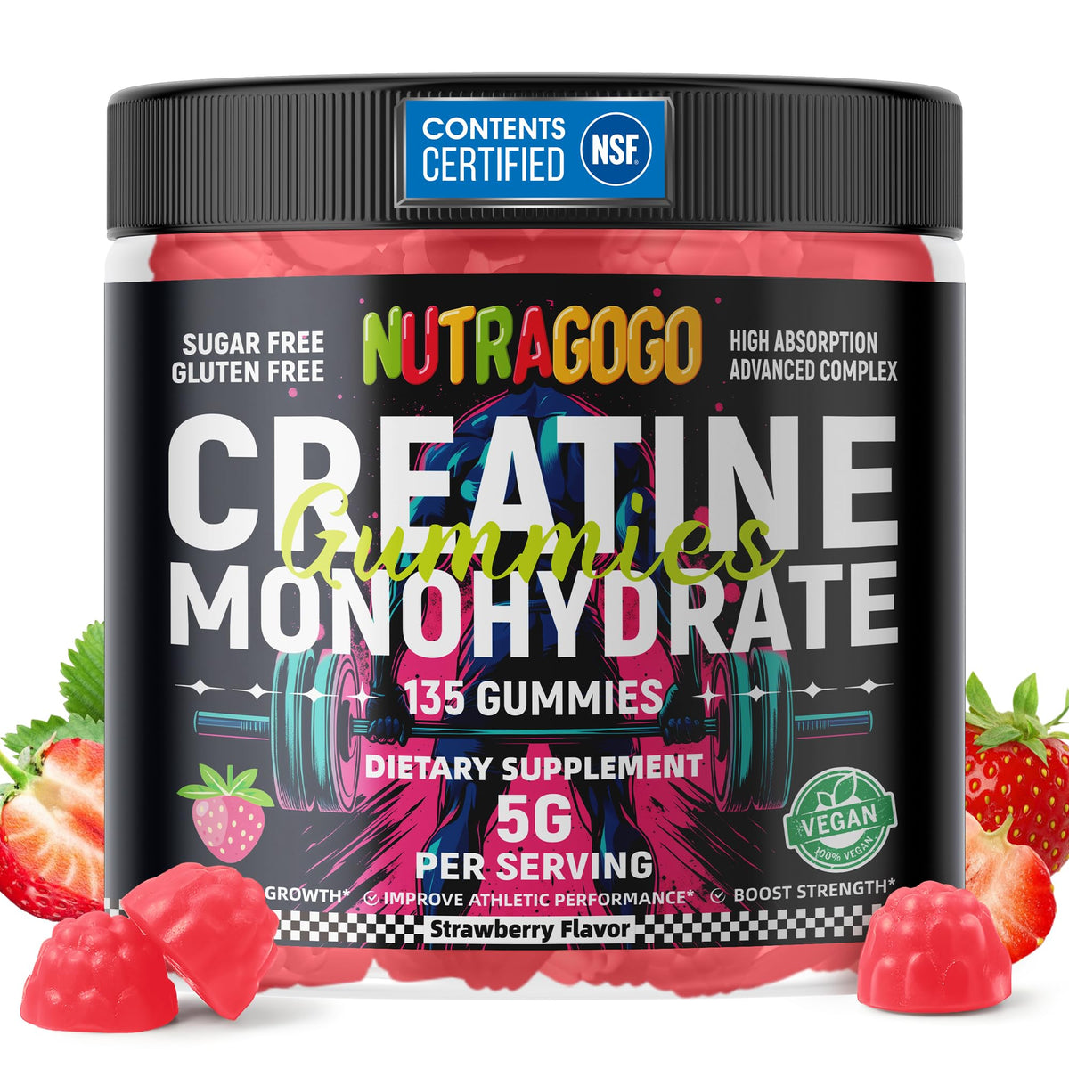 NUTRAGOGO Creatina Gominolas en botella para entrenamiento diario.