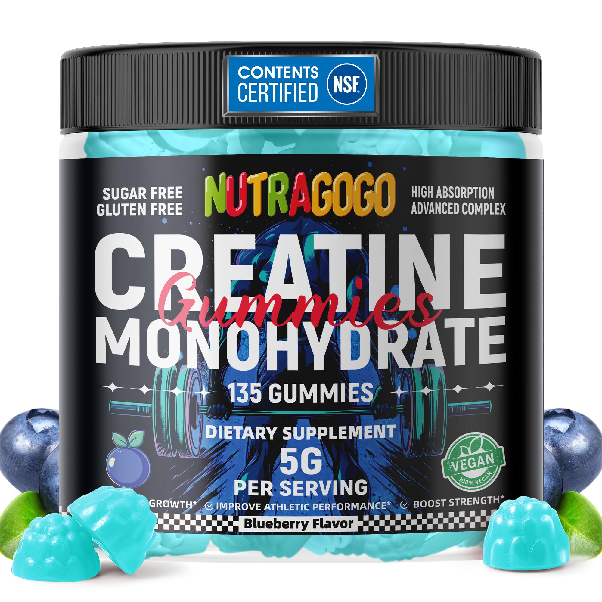 NUTRAGOGO creatina gomitas envase claro con sabor arándano para energía diaria