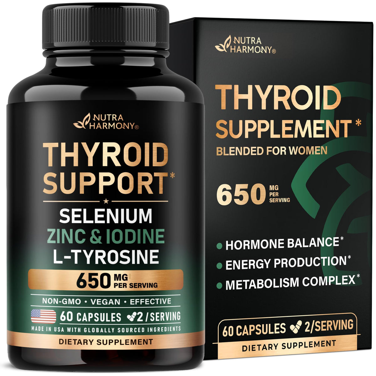 NUTRAHARMONY apoya tiroides en mujer, cápsulas diarias fáciles de incorporar.