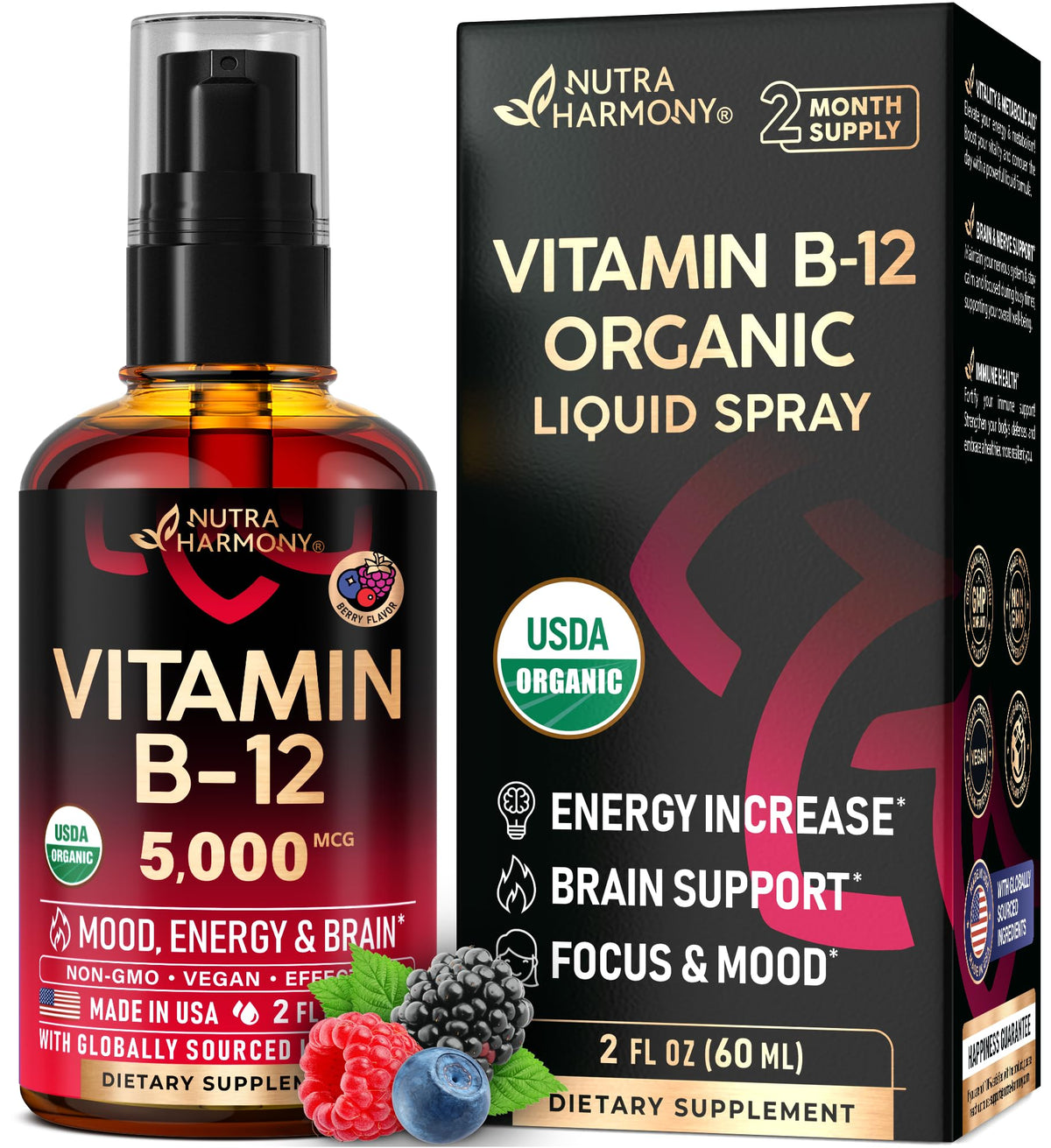 NutraHarmony B12 spray 5000mcg: aplicación sublingual rápida para energía diaria