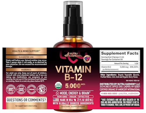 NutraHarmony B12 spray 5000mcg: gotas de sabor frutos rojos para enfoque