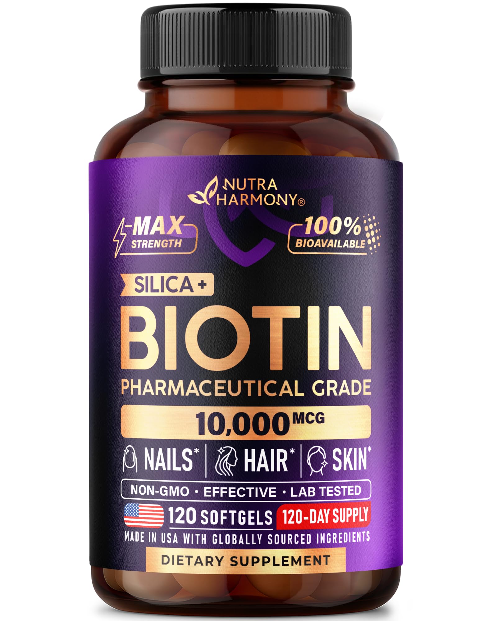 NutraHarmony Biotina 10000mcg cápsulas suaves para cabello, piel y uñas.