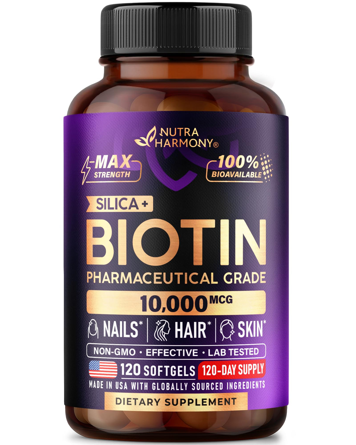 NutraHarmony Biotina 10000mcg cápsulas suaves para cabello, piel y uñas.