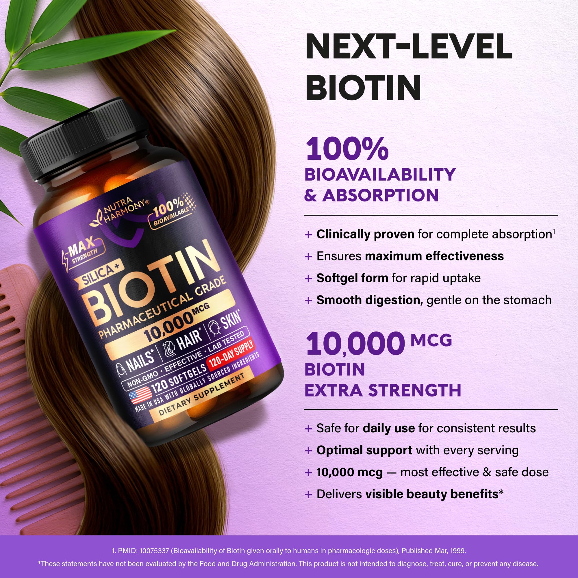 NutraHarmony Biotina para cuidado de piel y cabello, fórmula suave.