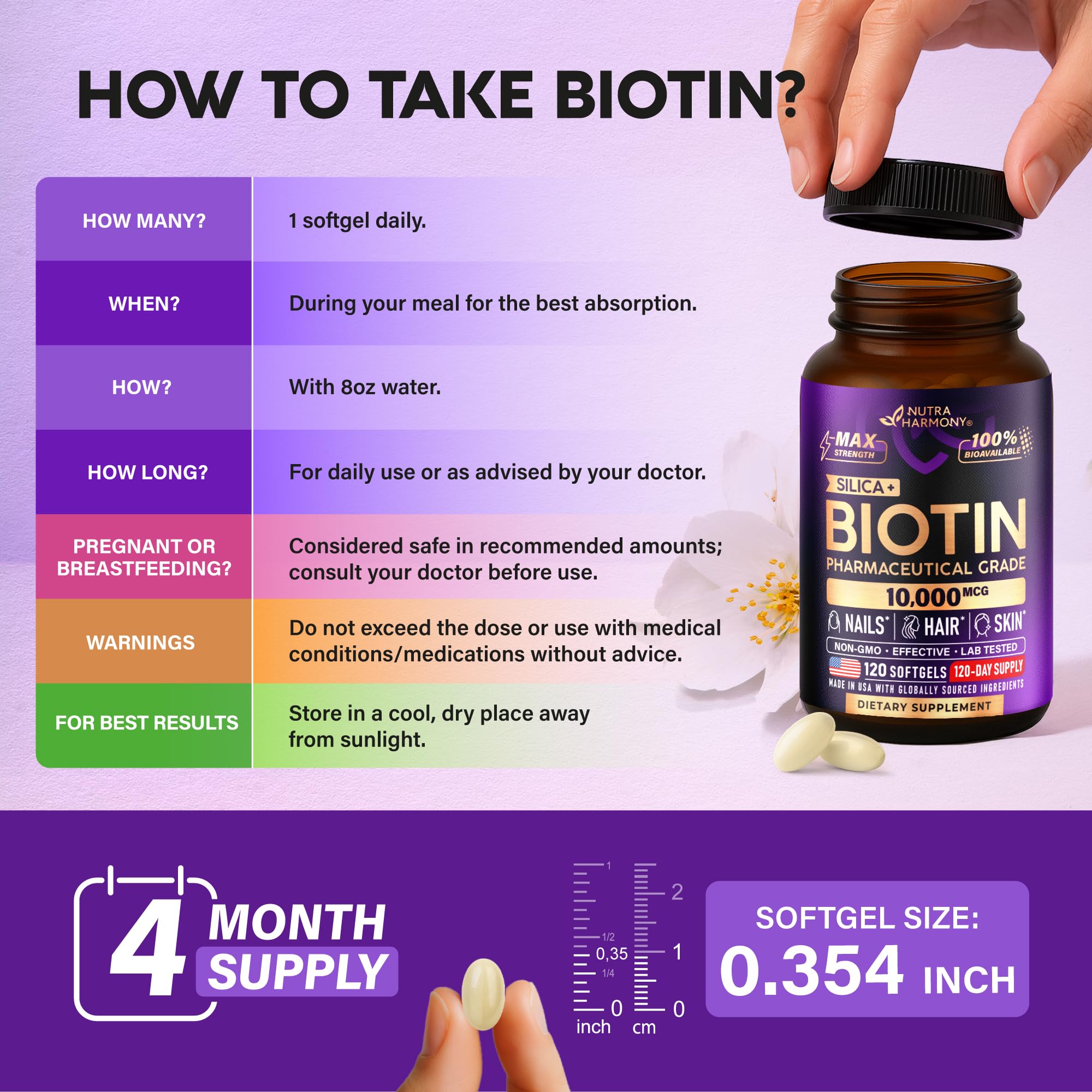 NutraHarmony Biotina para uñas resistentes y fuertes.