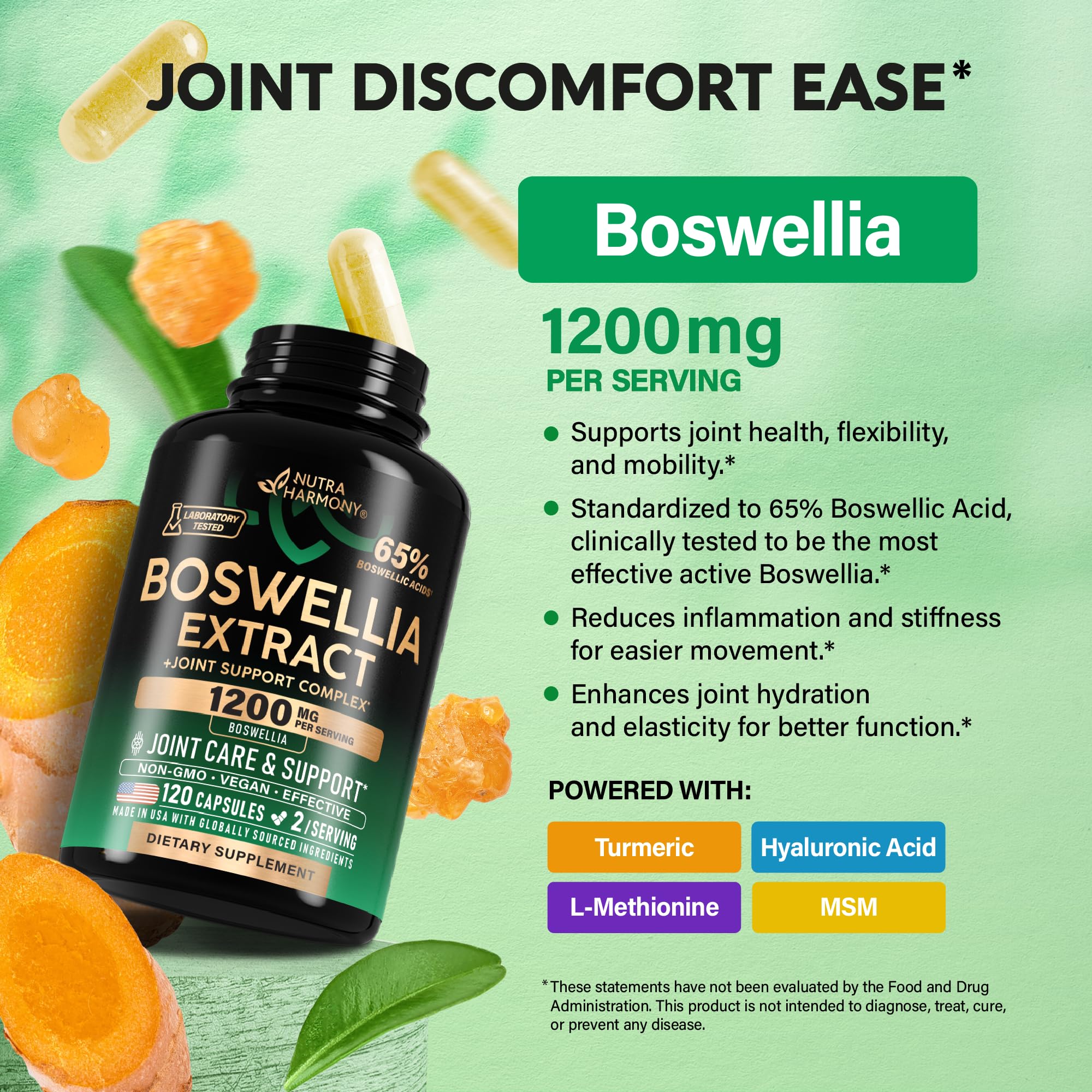 NUTRAHARMONY Boswellia con ácido hialurónico, hidratación de articulaciones.