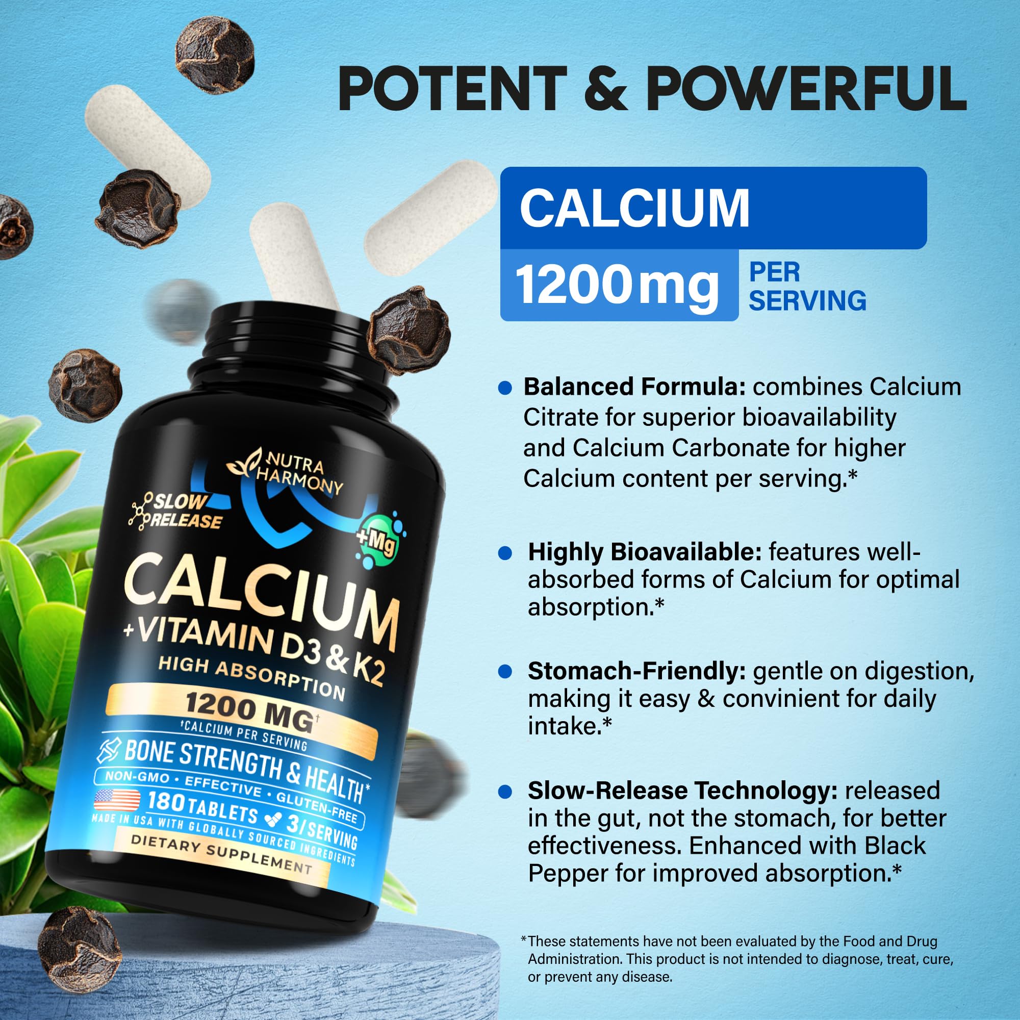 NutraHarmony Calcio 1200mg, sin OGM, ingredientes no modificados.