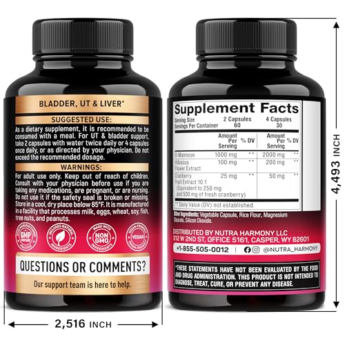 NUTRAHARMONY D-Mannose 2000mg con arándano, cápsulas para apoyo diario de la salud urinaria