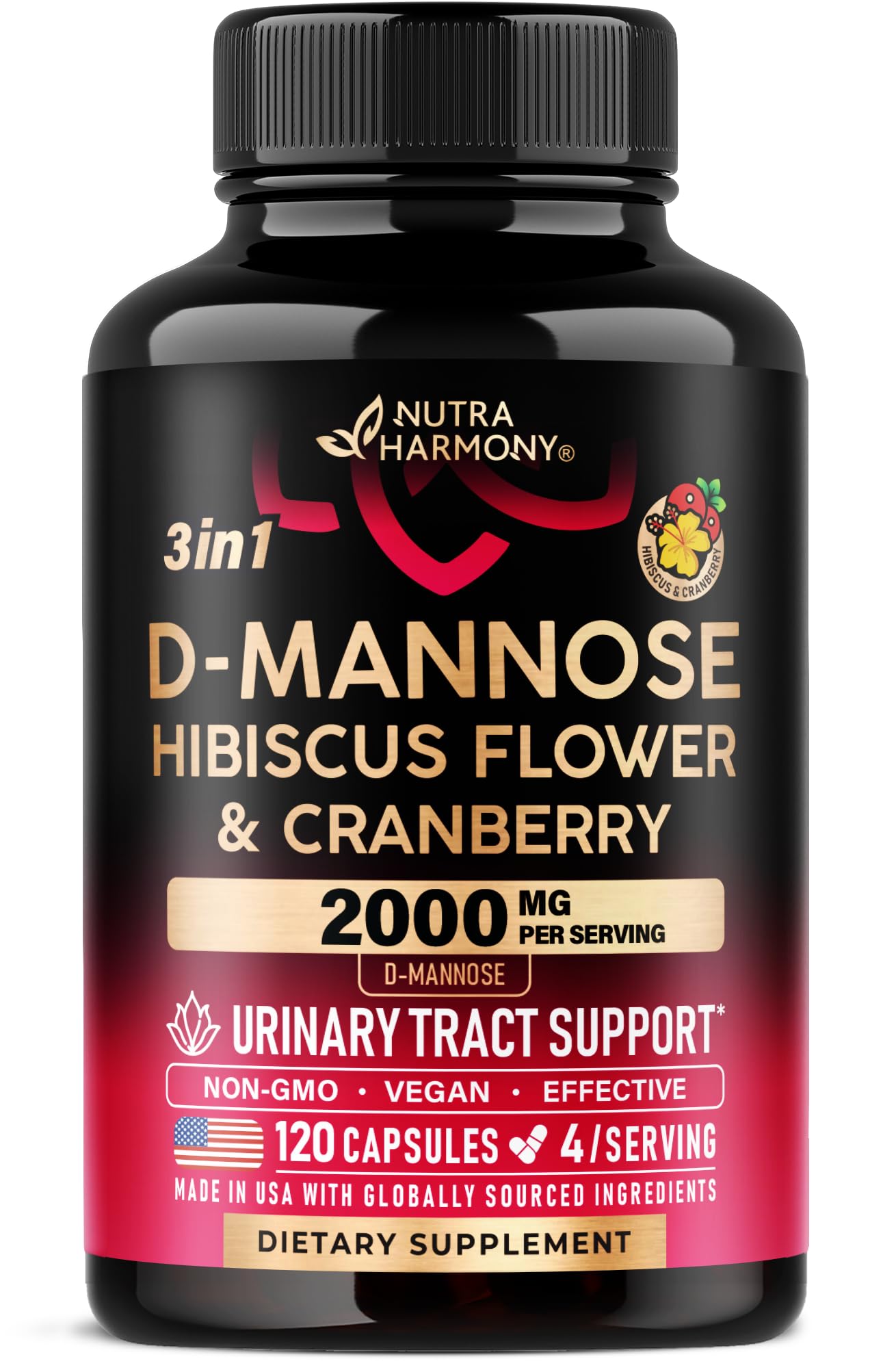 NUTRAHARMONY D-Mannose 2000mg en botella, cápsulas para apoyar salud urinaria diaria