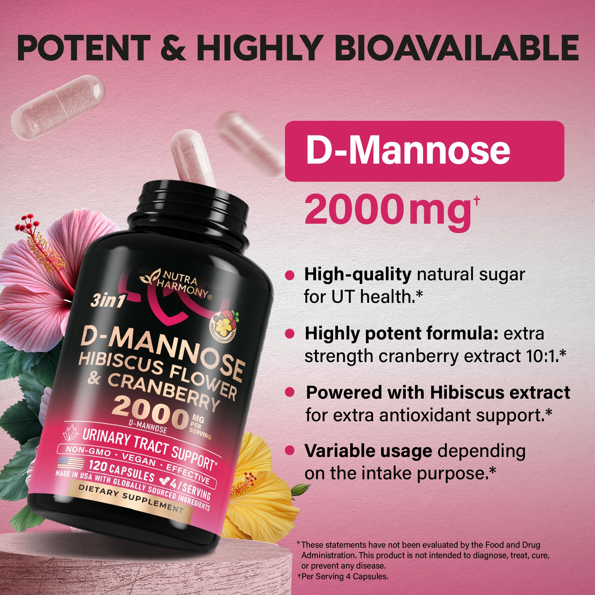 NUTRAHARMONY D-Mannose 2000mg, cápsulas, imagen de la fórmula completa