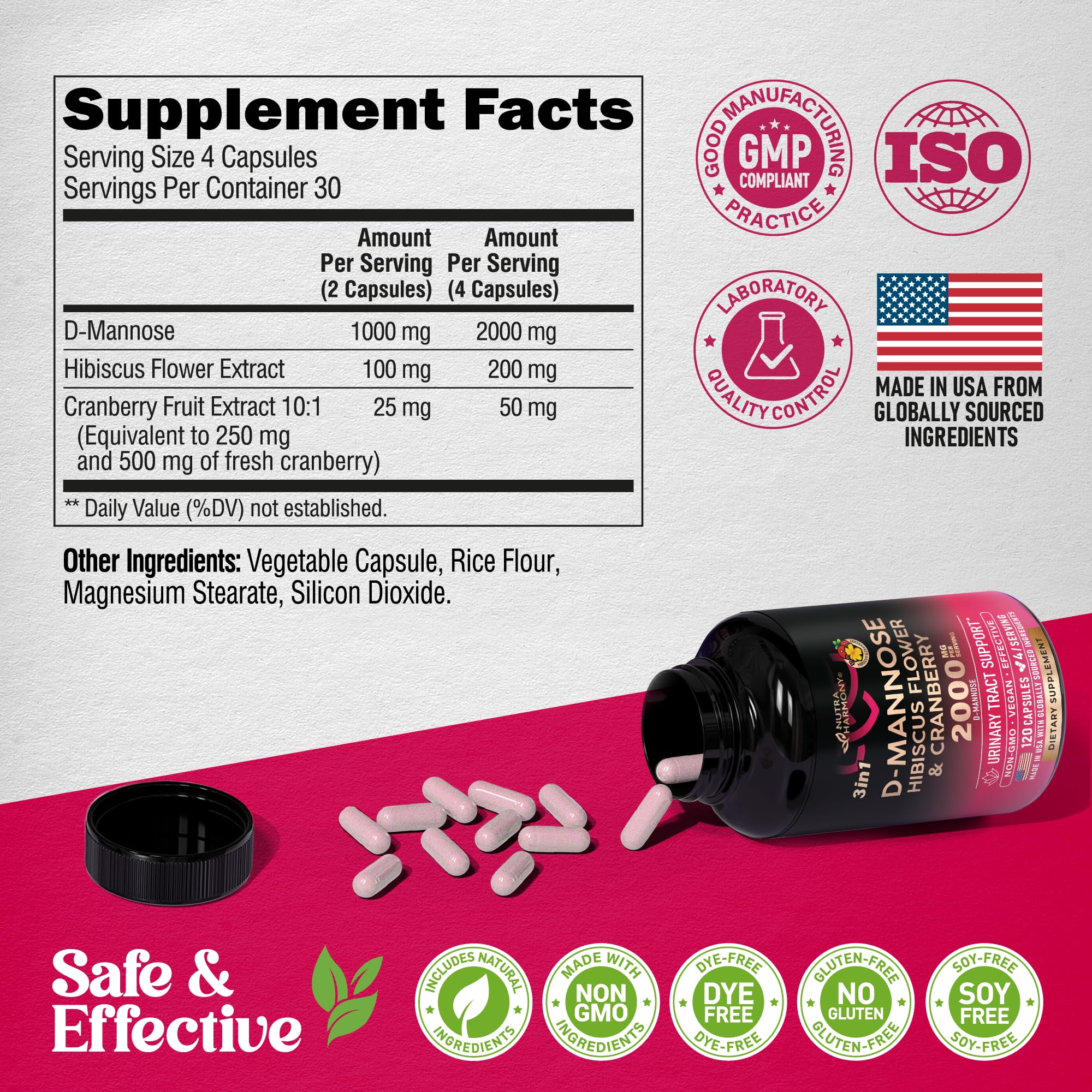 NUTRAHARMONY D-Mannose 2000mg, cápsulas sin gluten, empaque seguro