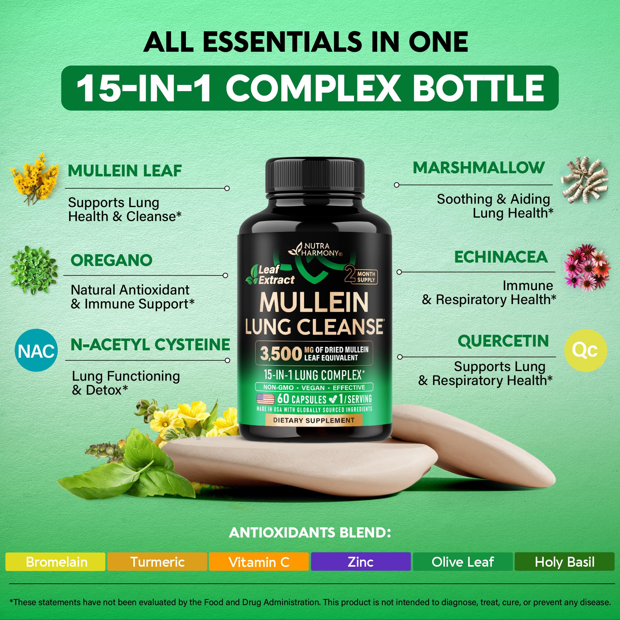 NUTRAHARMONY Detox Pulmones, ingredientes clave para apoyar la salud respiratoria general.