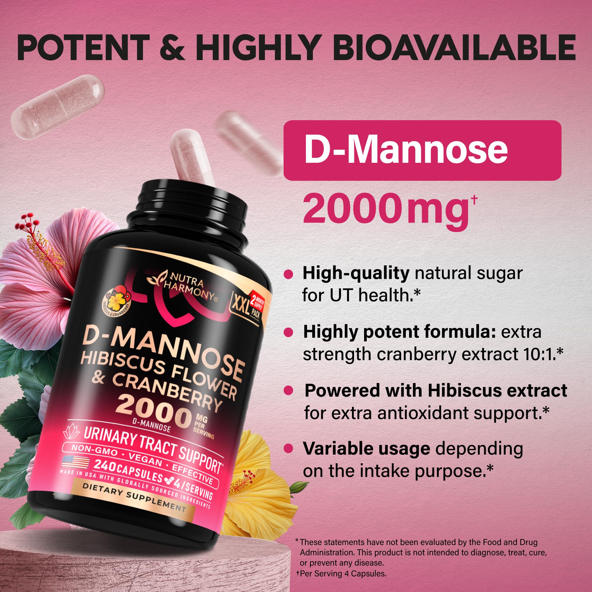 NUTRAHARMONY D-Mannosa: producto hecho en EE.UU. y libre de alérgenos