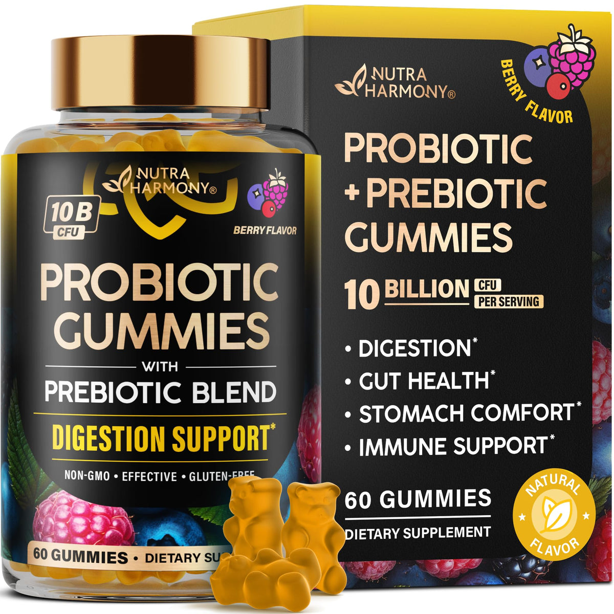 Gomitas probióticas NUTRAHARMONY en bolsa para bienestar digestivo diario.